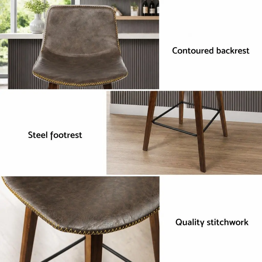 Bar Stools Wooden Bentwood Mid-Height Backrest Brown PU Leather Padded 4 Piece
