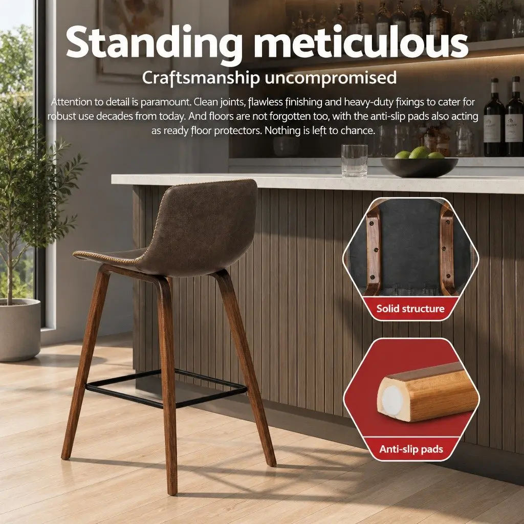 Bar Stools Wooden Bentwood Mid-Height Backrest Brown PU Leather Padded 4 Piece