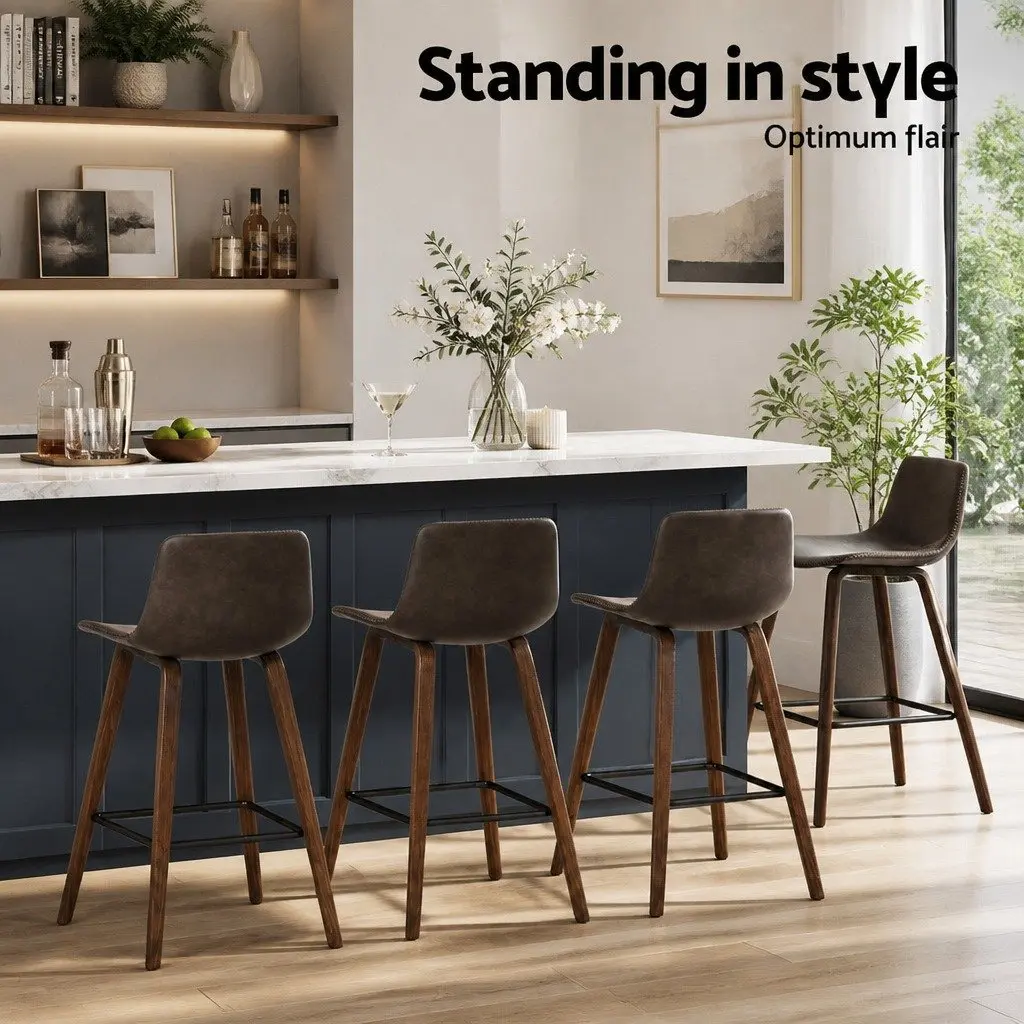 Bar Stools Wooden Bentwood Mid-Height Backrest Brown PU Leather Padded 4 Piece