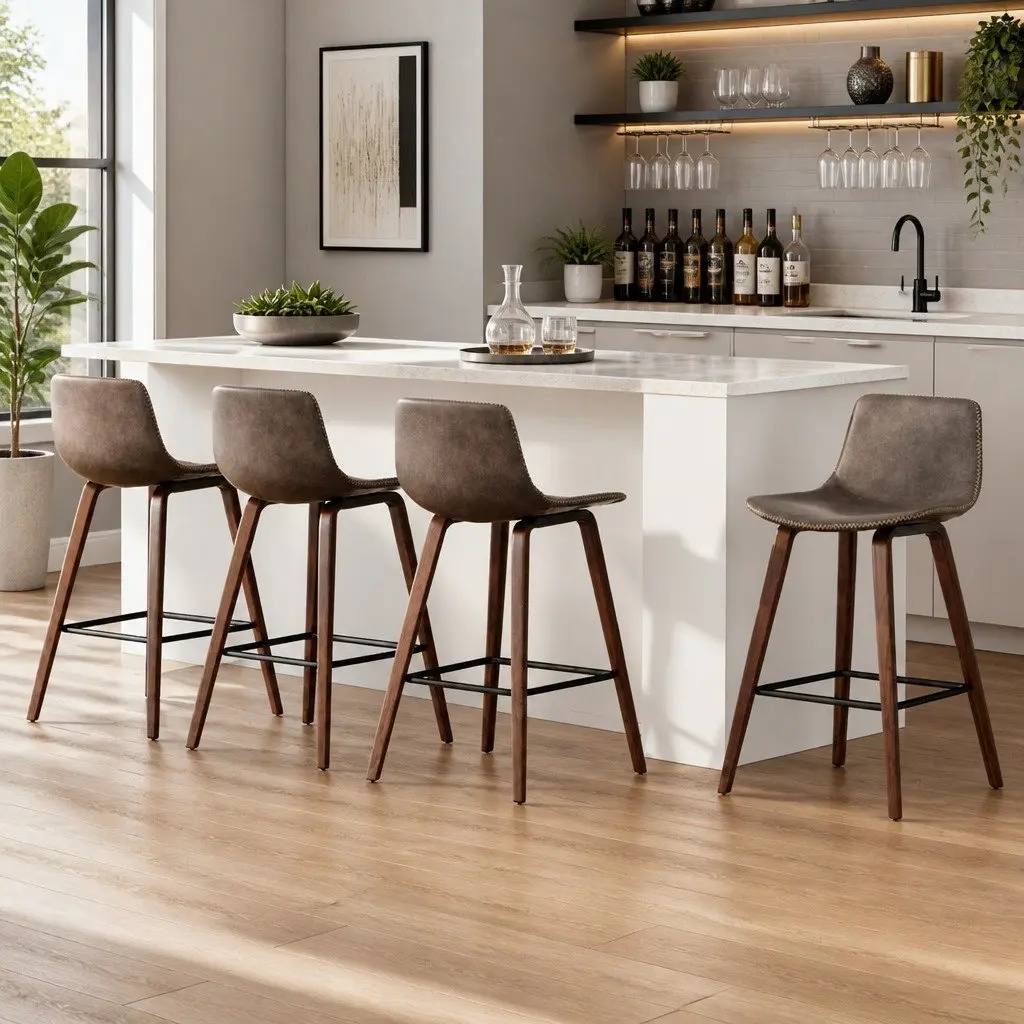 Bar Stools Wooden Bentwood Mid-Height Backrest Brown PU Leather Padded 4 Piece