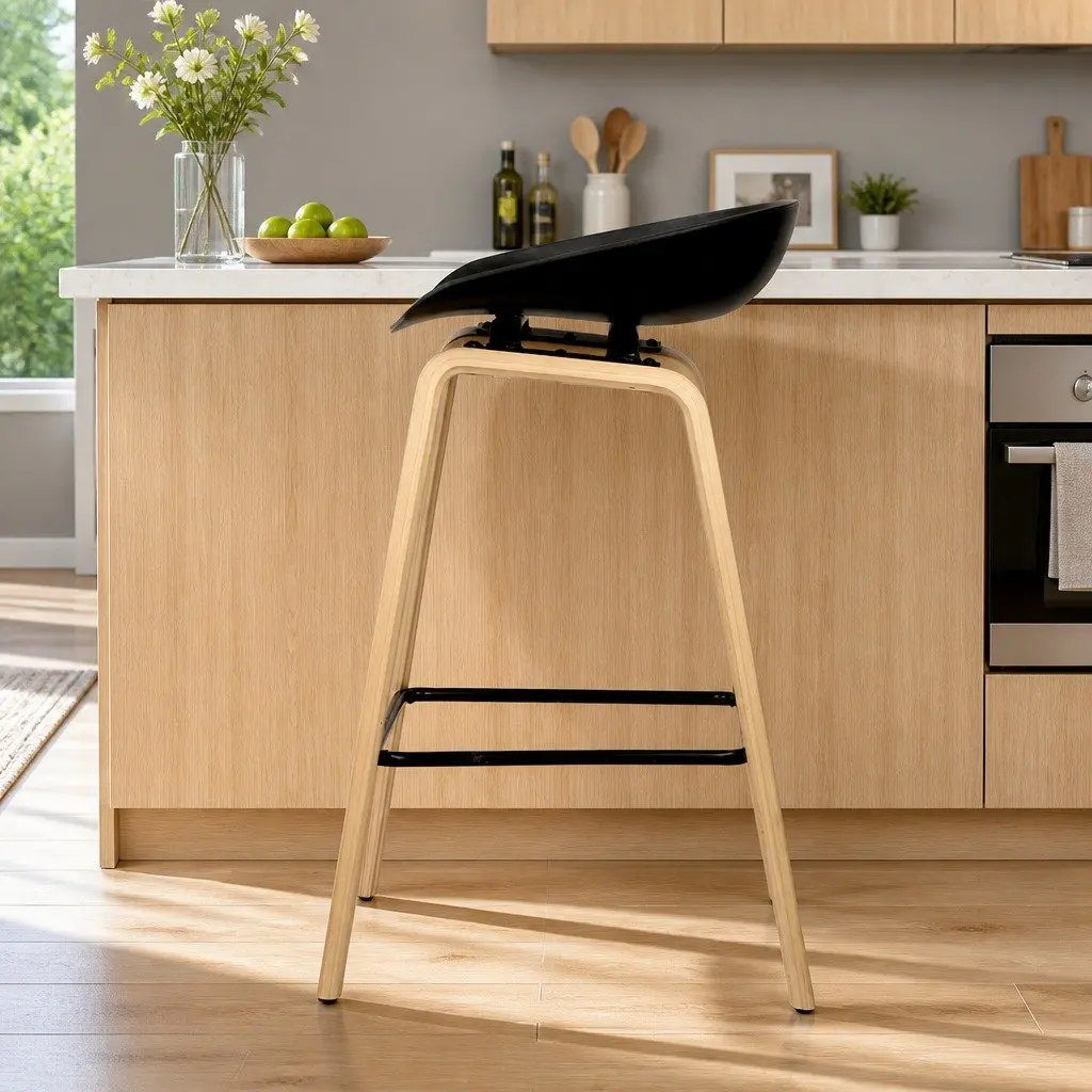 Bar Stools Set of 2 Black Wooden Legs PP Plastic Seat Metal Footrest 67cm