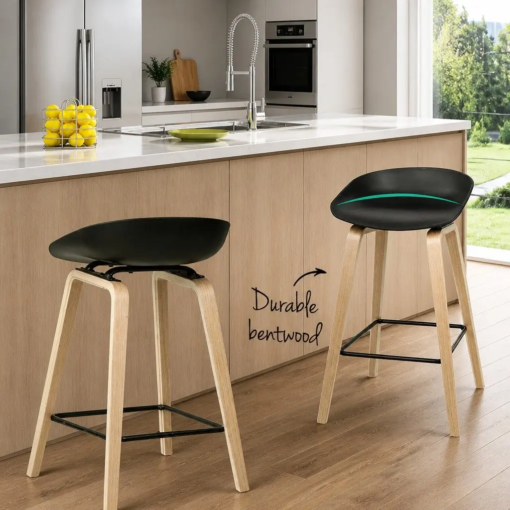 Bar Stools Set of 2 Black Wooden Legs PP Plastic Seat Metal Footrest 67cm