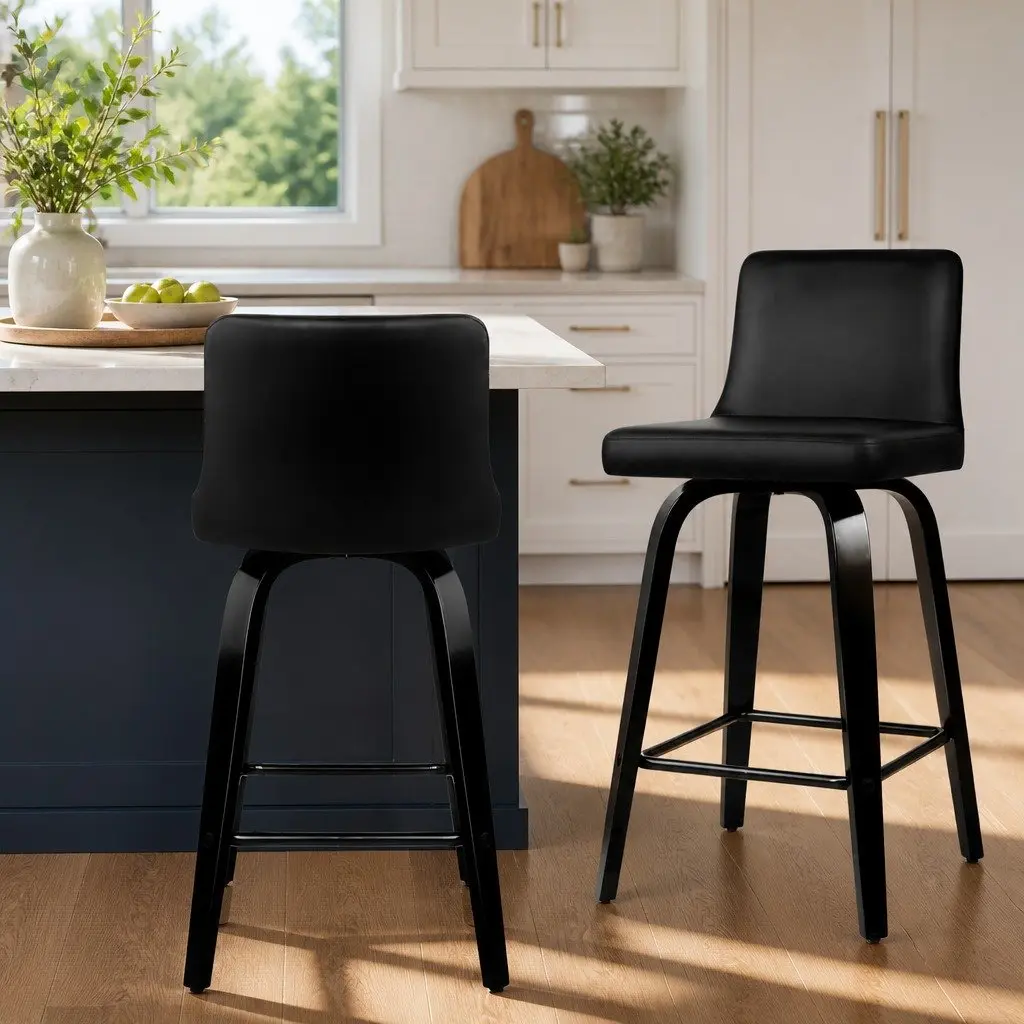 Bar Stools Swivel Black Padded Mid-Height 2 Piece