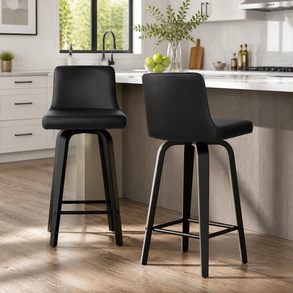 Bar Stools Swivel Black Padded Mid-Height 2 Piece