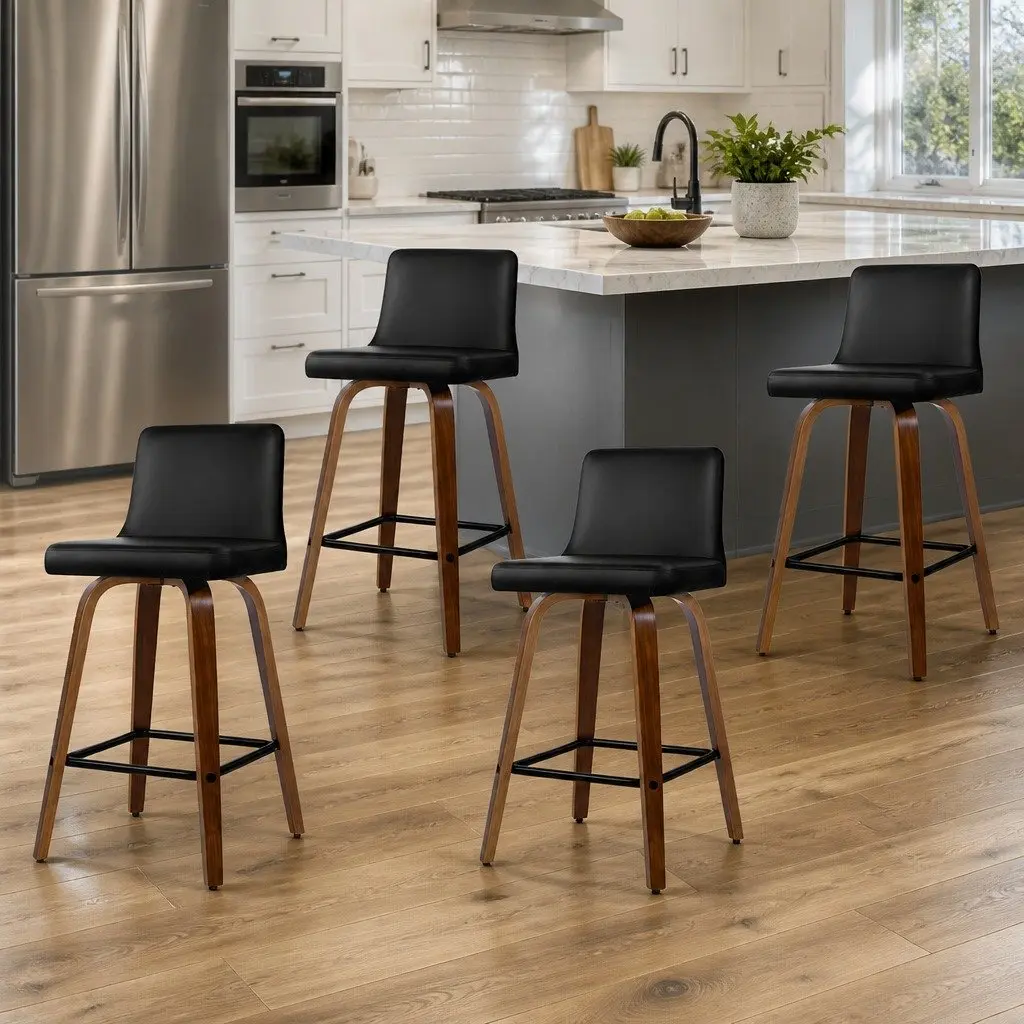 Bar Stools Set of 4 Swivel Padded Wooden Backrest Kitchen Counter Seating