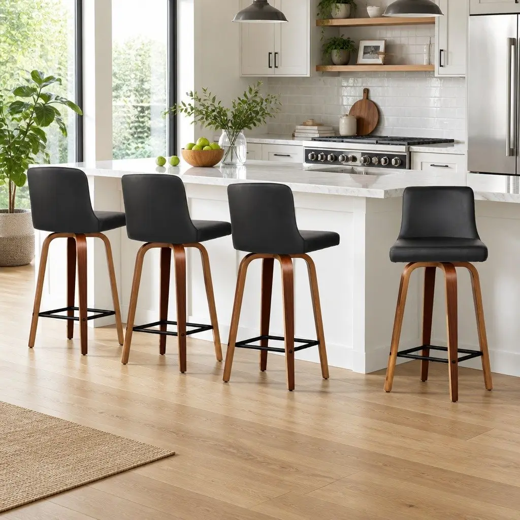 Bar Stools Set of 4 Swivel Padded Wooden Backrest Kitchen Counter Seating