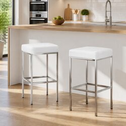Bar Stools Set of 2 White Padded Seat Chrome Legs Kitchen Counter Chairs