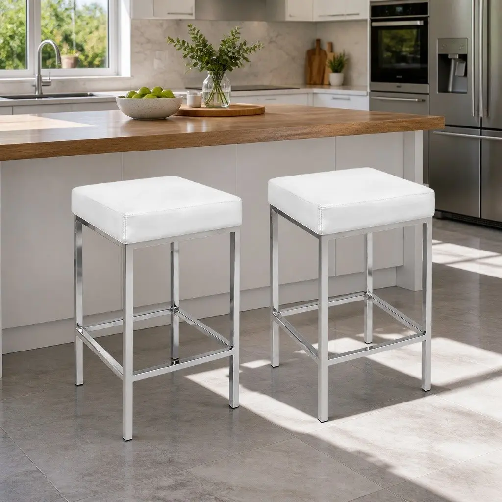 Bar Stools Set of 2 White Padded Seat Chrome Legs Kitchen Counter Chairs