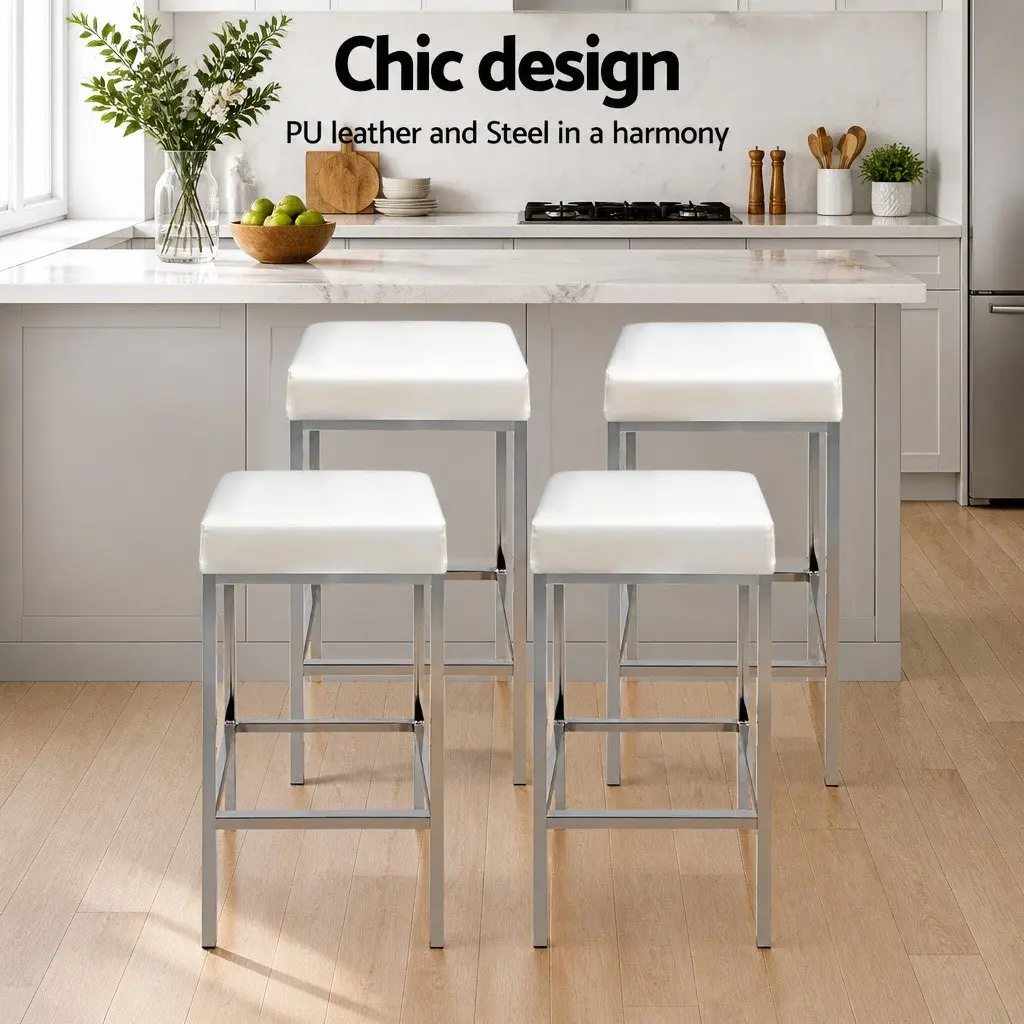 Bar Stools Set of 4 White PU Leather Padded Kitchen Chairs Chrome Legs