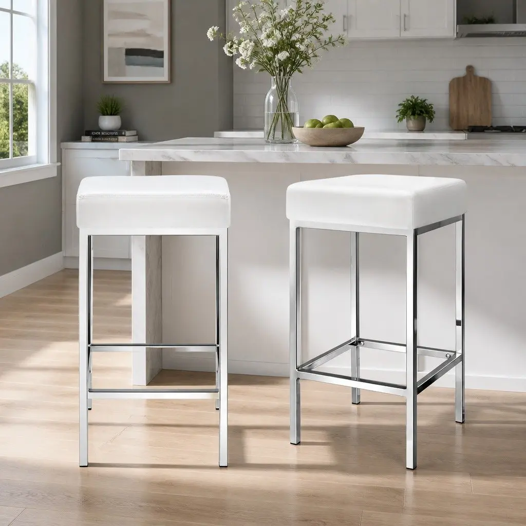 Bar Stools Set of 4 White PU Leather Padded Kitchen Chairs Chrome Legs