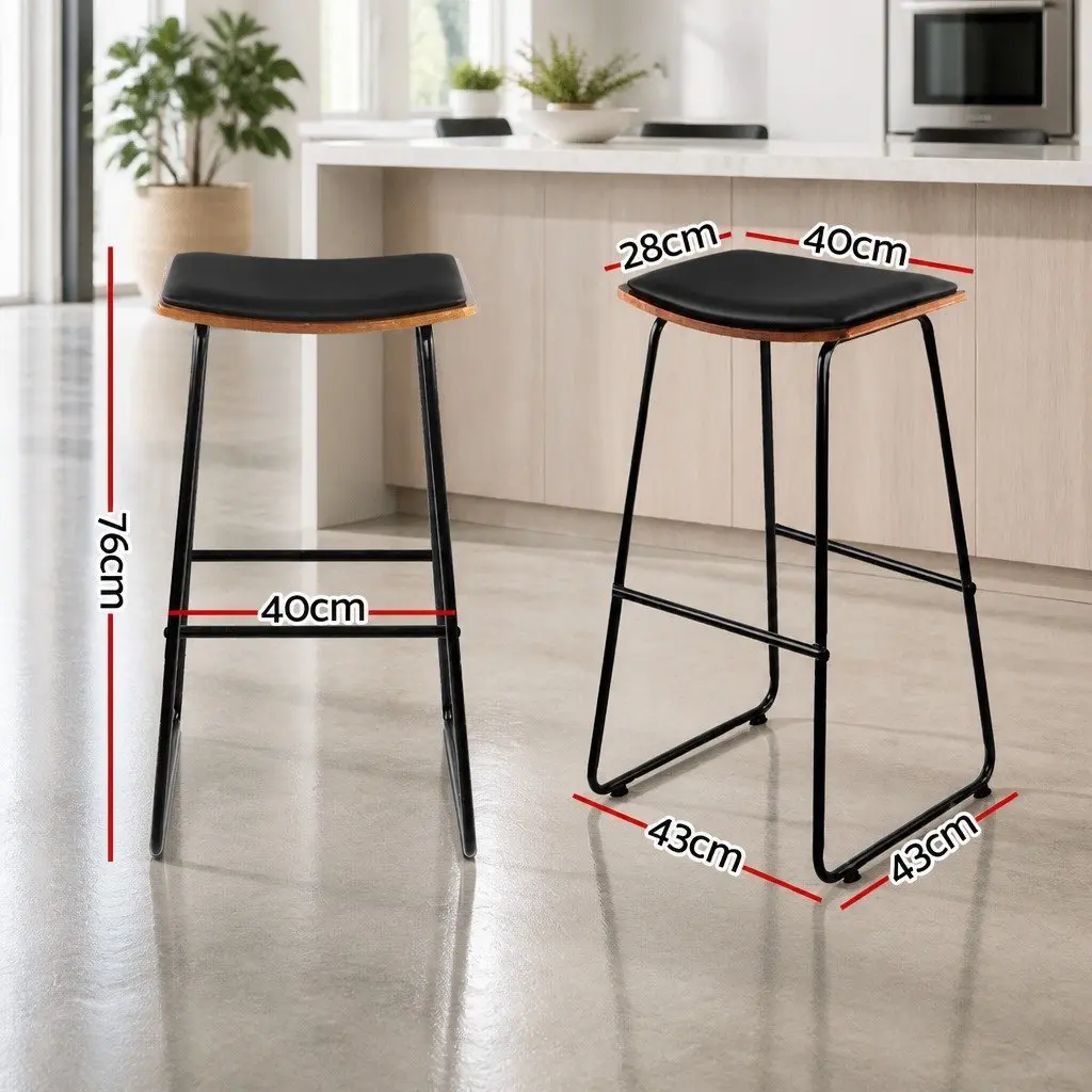 Bar Stools Black Padded Seat Metal Frame Wooden Base 76cm Set of 2