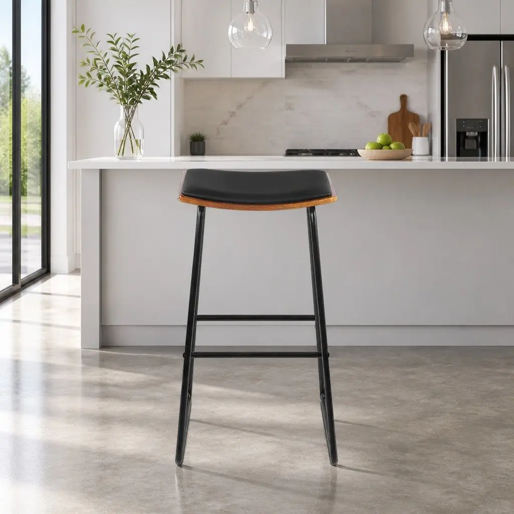 Bar Stools Black Padded Seat Metal Frame Wooden Base 76cm Set of 2
