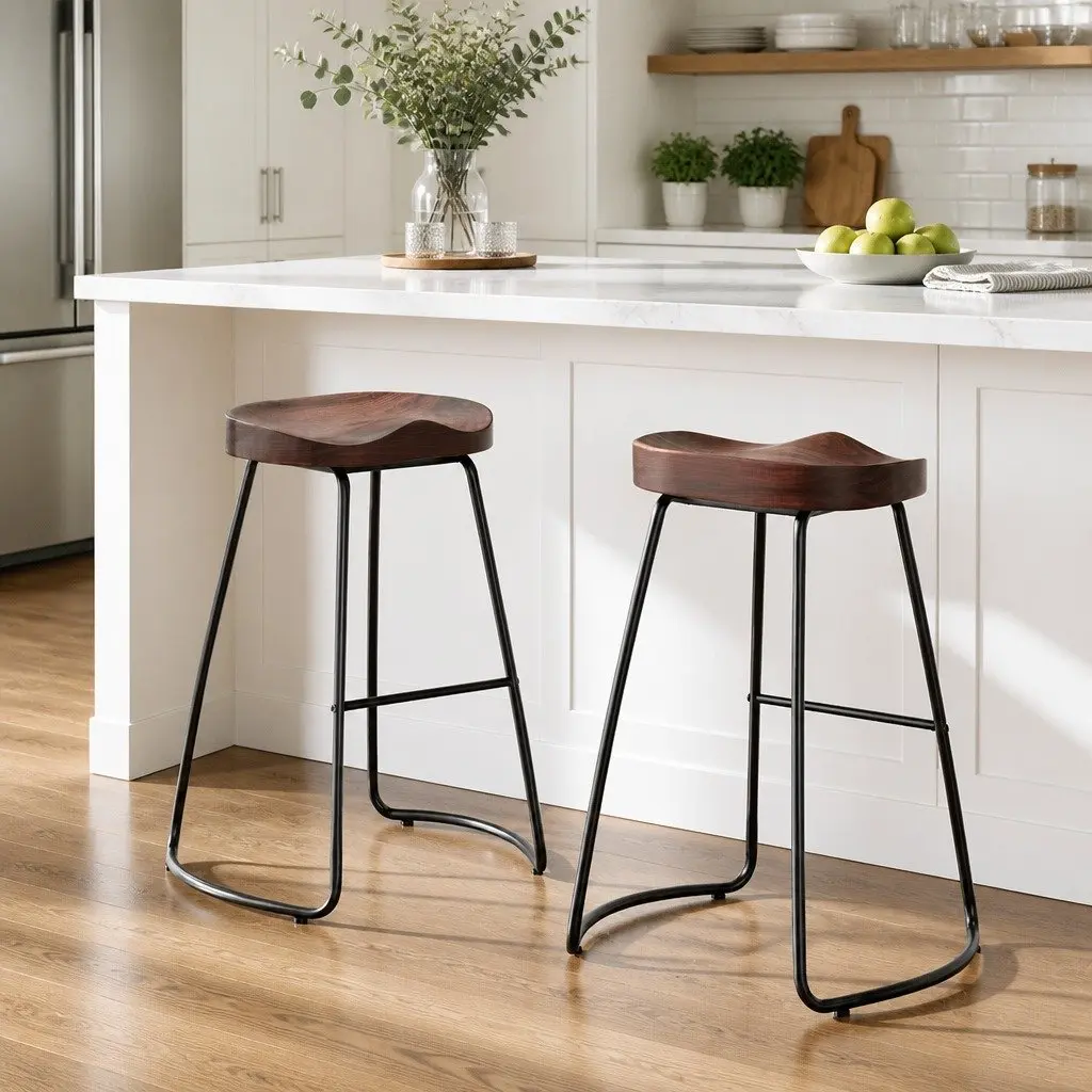 Bar Stools Tractor Seat 65cm Dark Wood Tone Industrial Retro Kitchen Dining