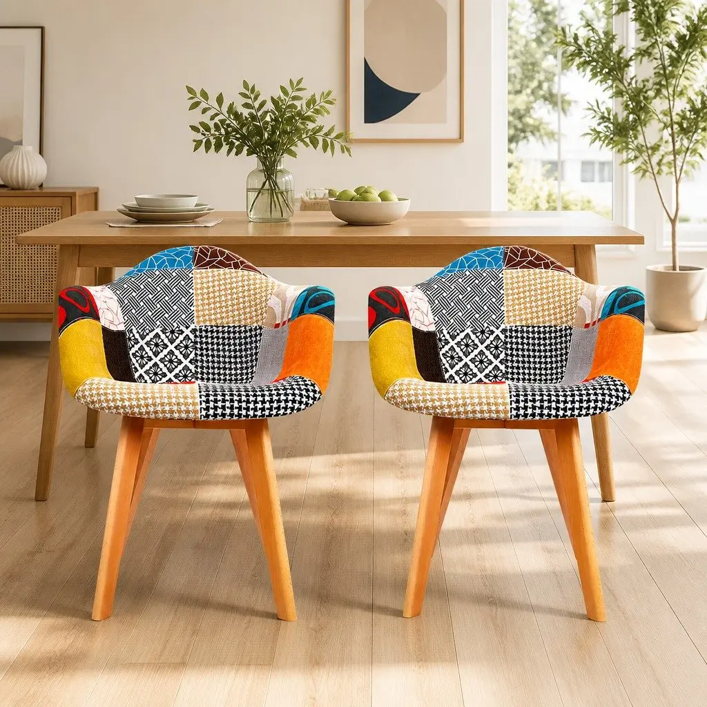 Dining Chairs Replica Mid-Century Fabric Set of 2 Multi-Colour