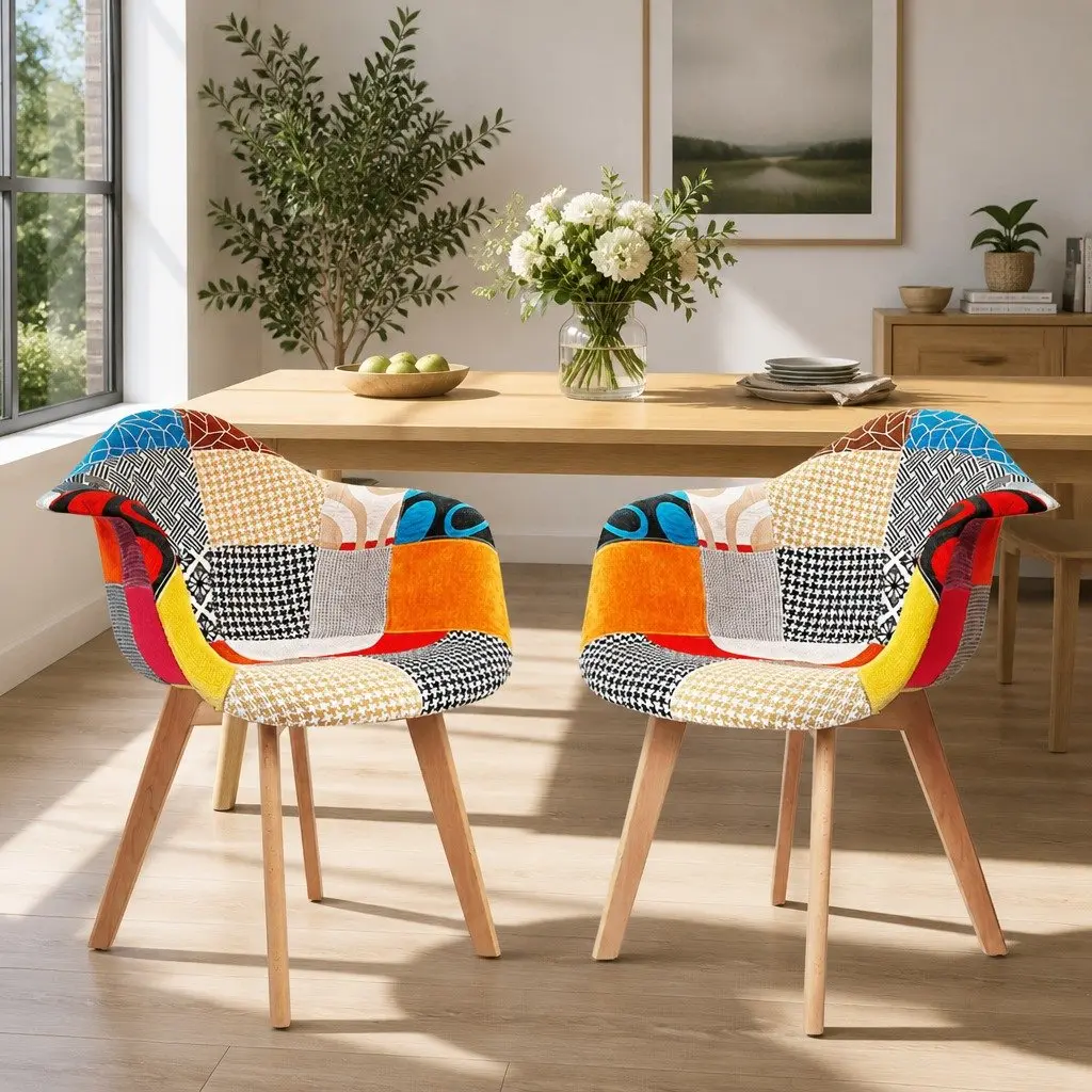 Dining Chairs Replica Mid-Century Fabric Set of 2 Multi-Colour