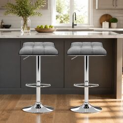 Bar Stools Padded Gas Lift Grey Upholstered Swivel Chair Set of 2 Adjustable