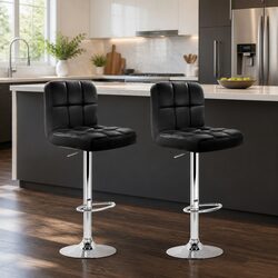 Bar Stools Set of 2 Gas Lift Swivel Chair Black Faux Leather Adjustable Height