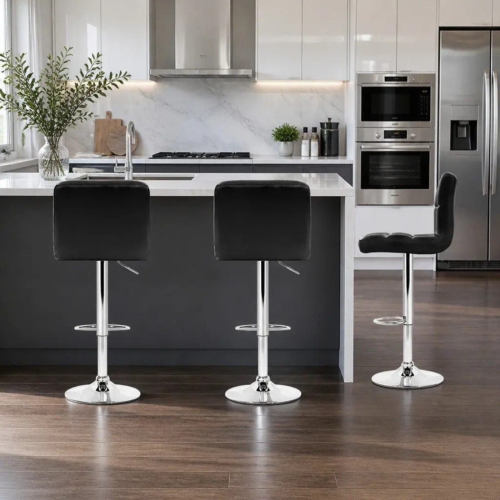 Bar Stools Adjustable Height Gas Lift Swivel Chair Black Faux Leather