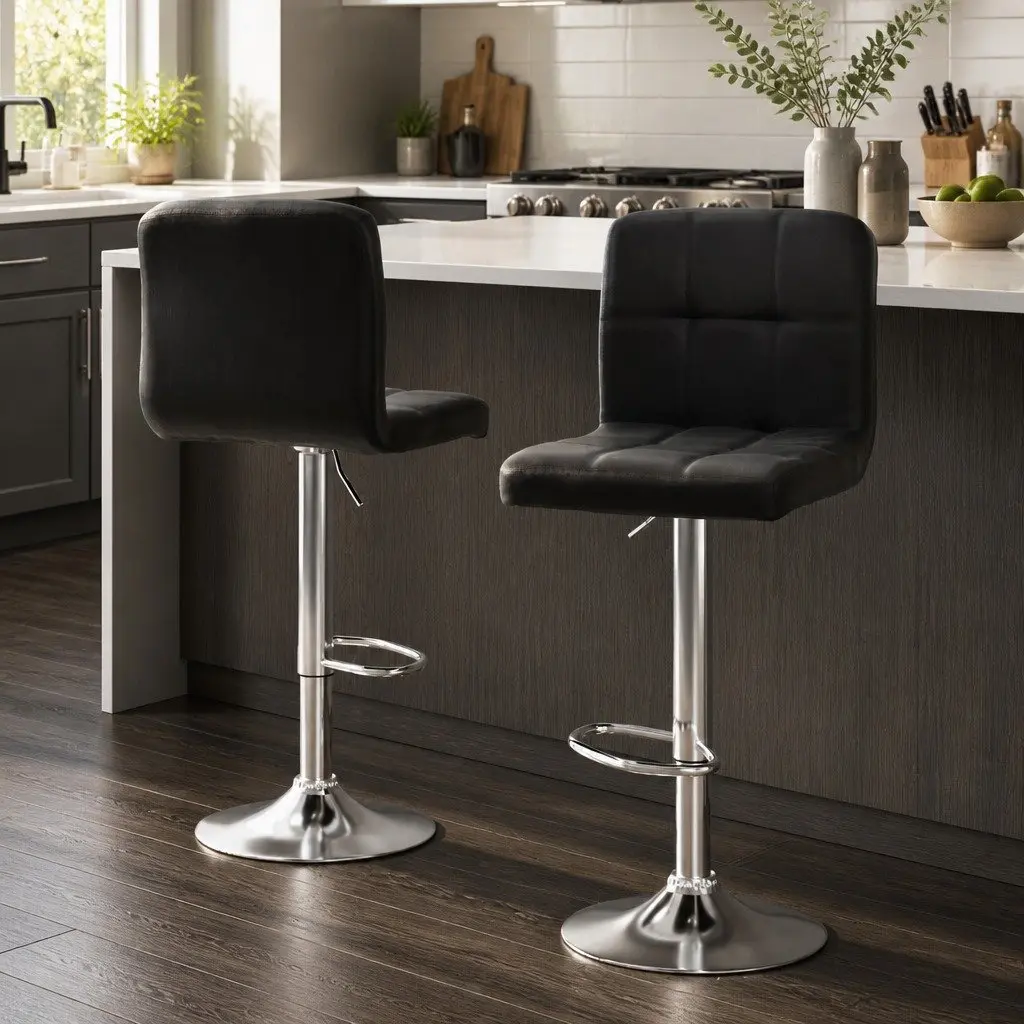 Bar Stools Adjustable Height Gas Lift Swivel Chair Black Faux Leather
