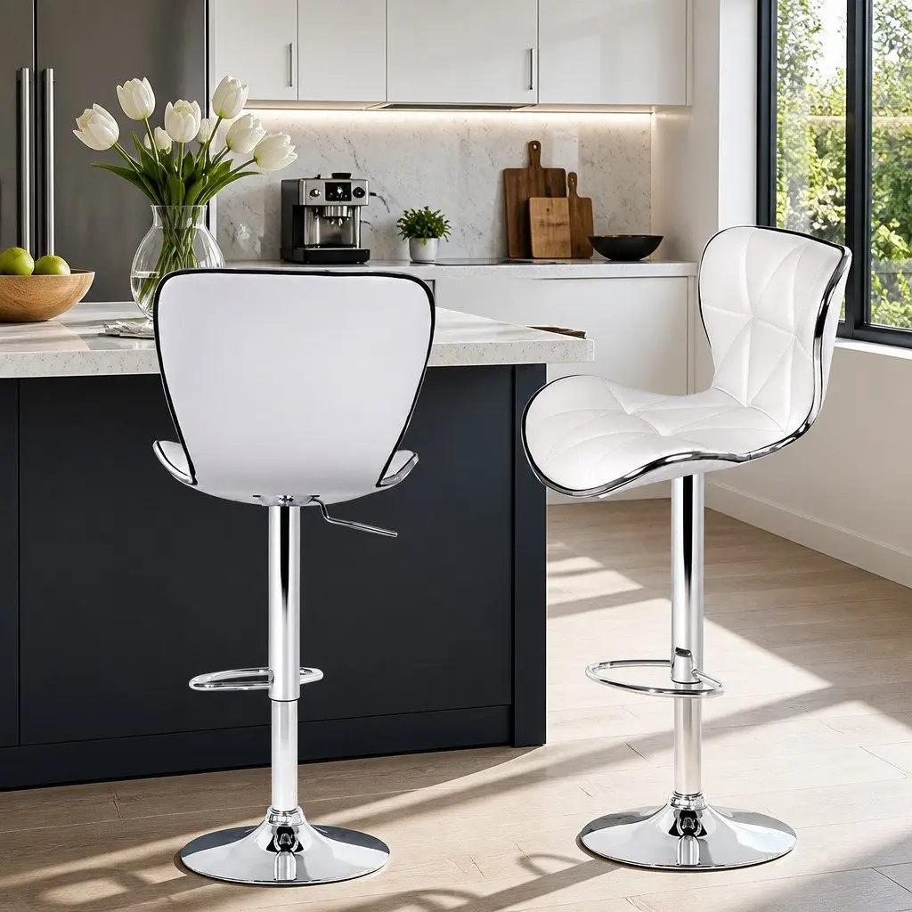Bar Stools Gas Lift Swivel Seat White Padded Set of 2 Modern Chrome Base