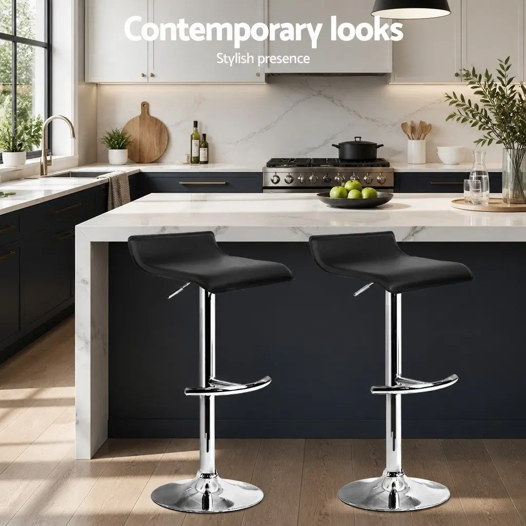 Bar Stools Adjustable Gas Lift Chairs Set of 2 Black Swivel Kitchen Seating
