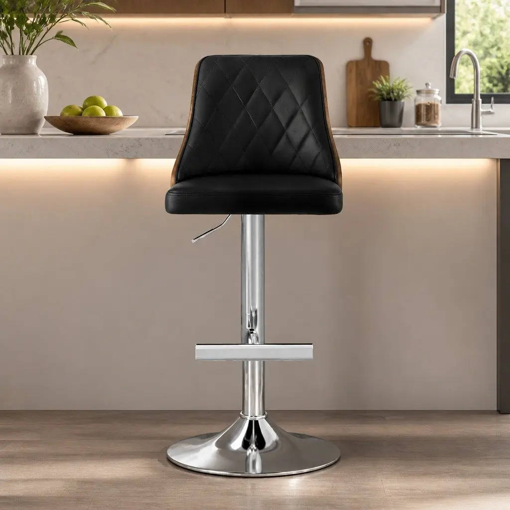 Bar Stools Swivel Adjustable Height Black Leather 4 Piece Set