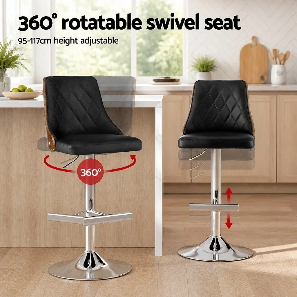 Bar Stools Swivel Adjustable Height Black Leather 4 Piece Set
