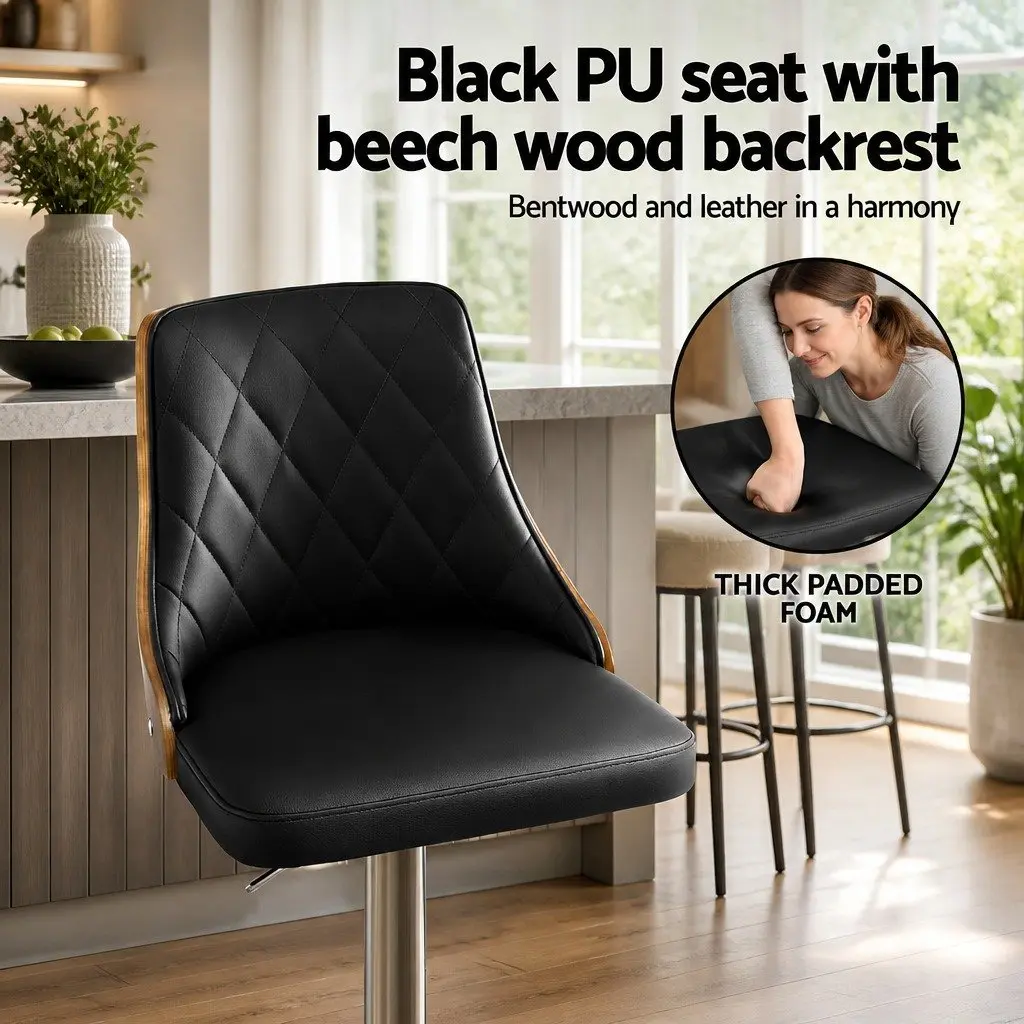 Bar Stools Swivel Adjustable Height Black Leather 4 Piece Set