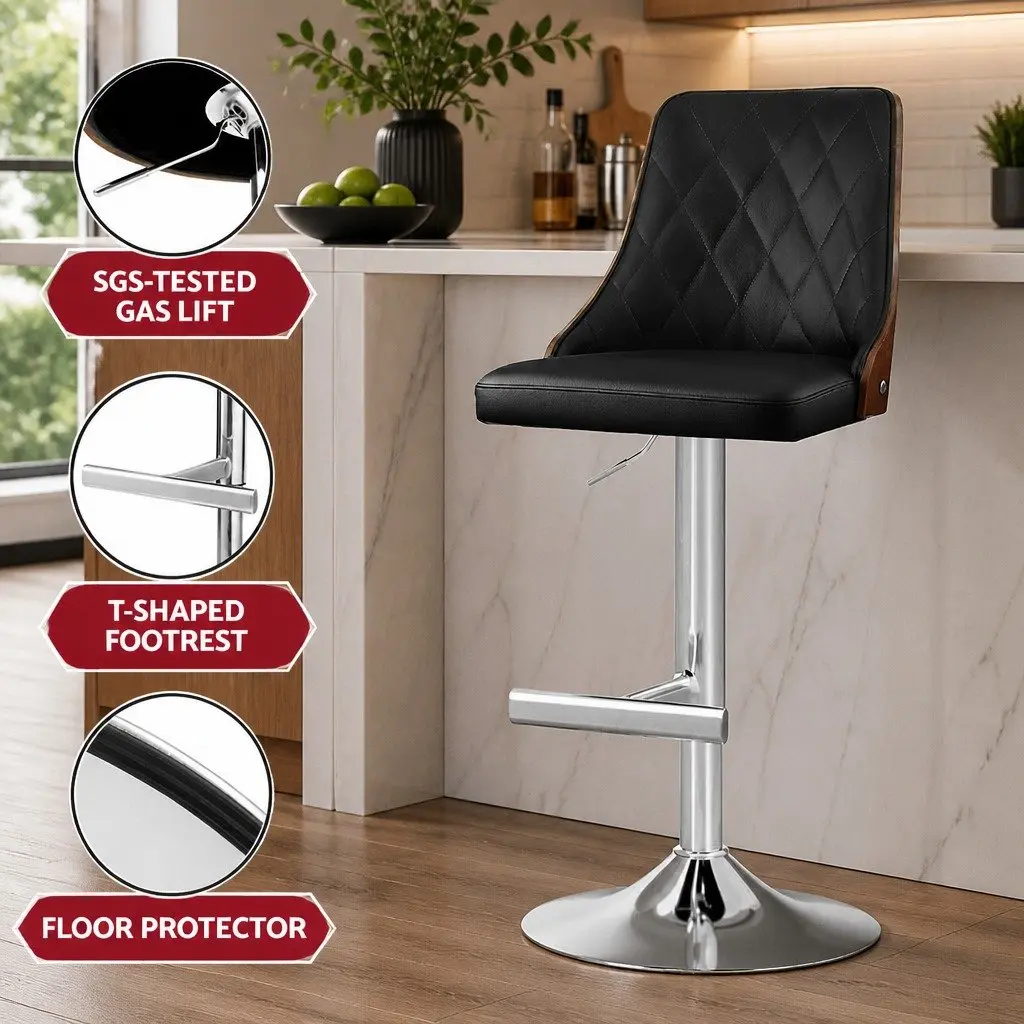 Bar Stools Swivel Adjustable Height Black Leather 4 Piece Set