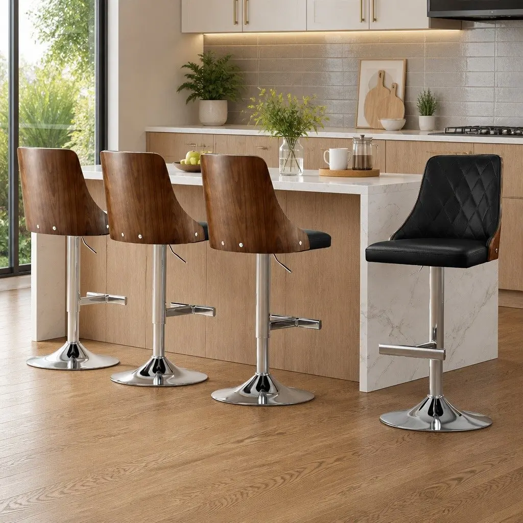 Bar Stools Swivel Adjustable Height Black Leather 4 Piece Set