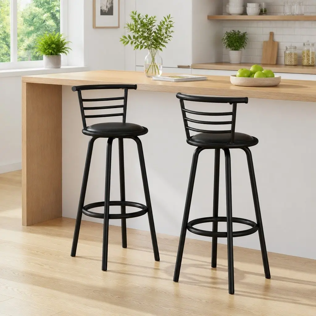 Bar Stools Swivel Padded Black x2 Modern Kitchen Dining Seating Chairs Set