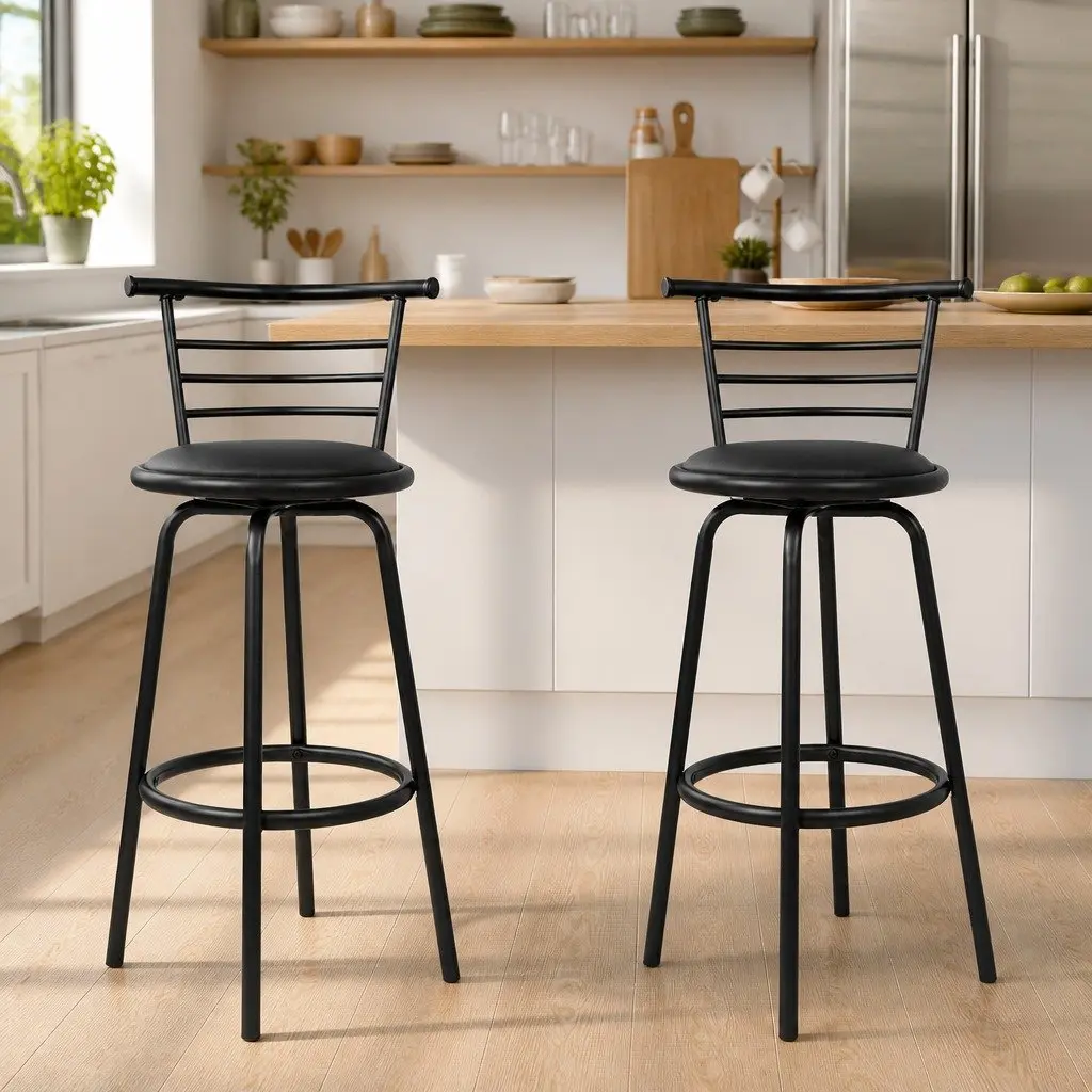 Bar Stools Swivel Padded Black x2 Modern Kitchen Dining Seating Chairs Set