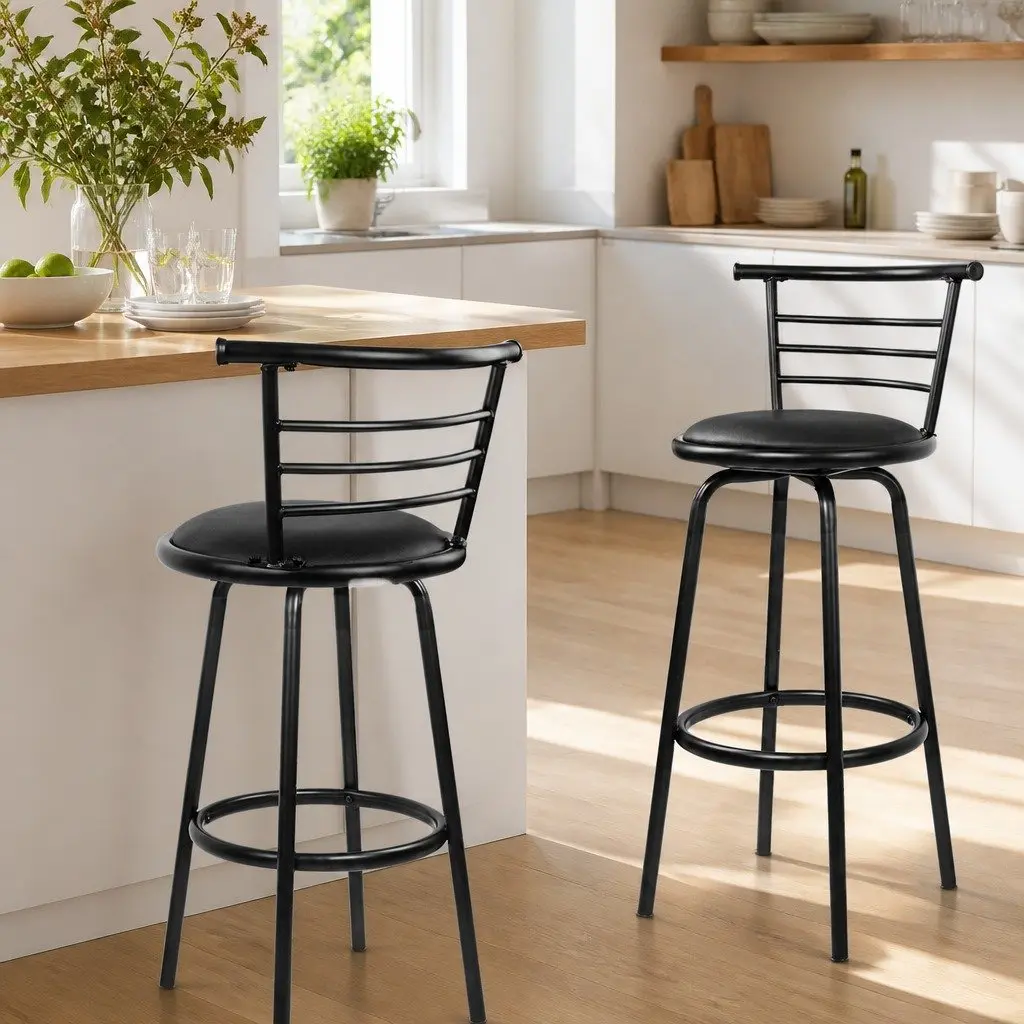 Bar Stools Swivel Padded Black x2 Modern Kitchen Dining Seating Chairs Set