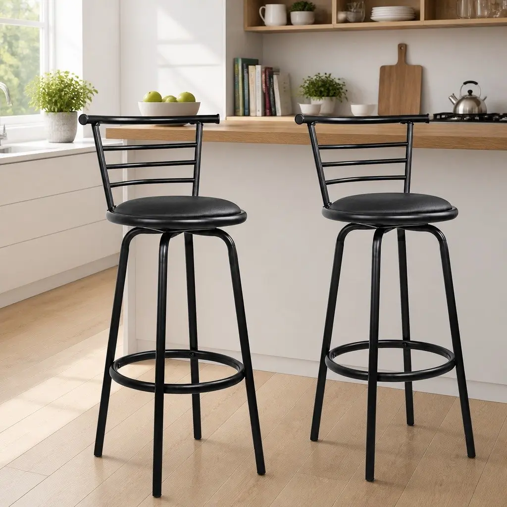 Bar Stools Swivel Padded Black x2 Modern Kitchen Dining Seating Chairs Set