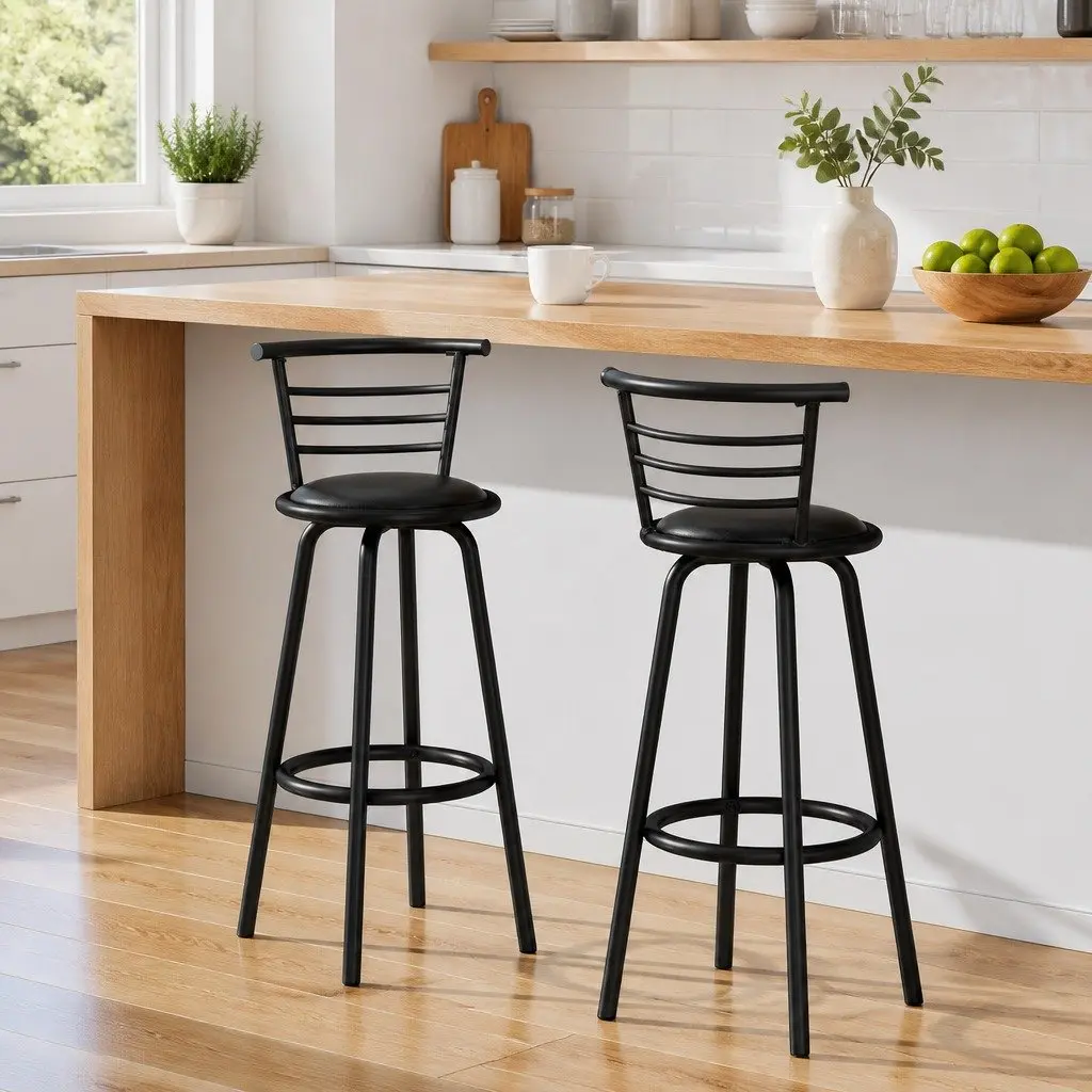Bar Stools Swivel Padded Black x2 Modern Kitchen Dining Seating Chairs Set