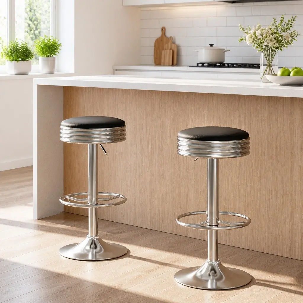 Bar Stools Set of 2 Backless Swivel Kitchen Seating Chrome Base Black PU Leather