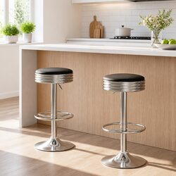 Bar Stools Set of 2 Backless Swivel Kitchen Seating Chrome Base Black PU Leather