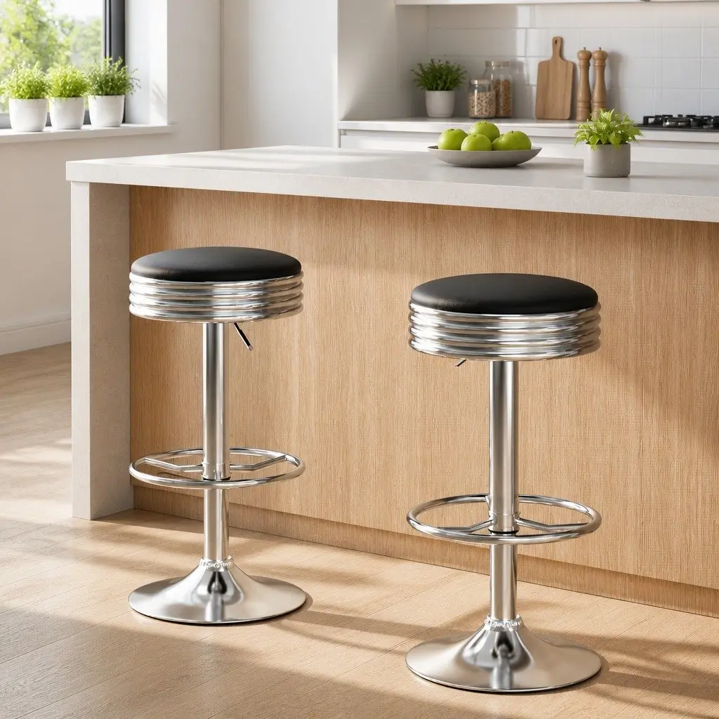 Bar Stools Set of 2 Backless Swivel Kitchen Seating Chrome Base Black PU Leather