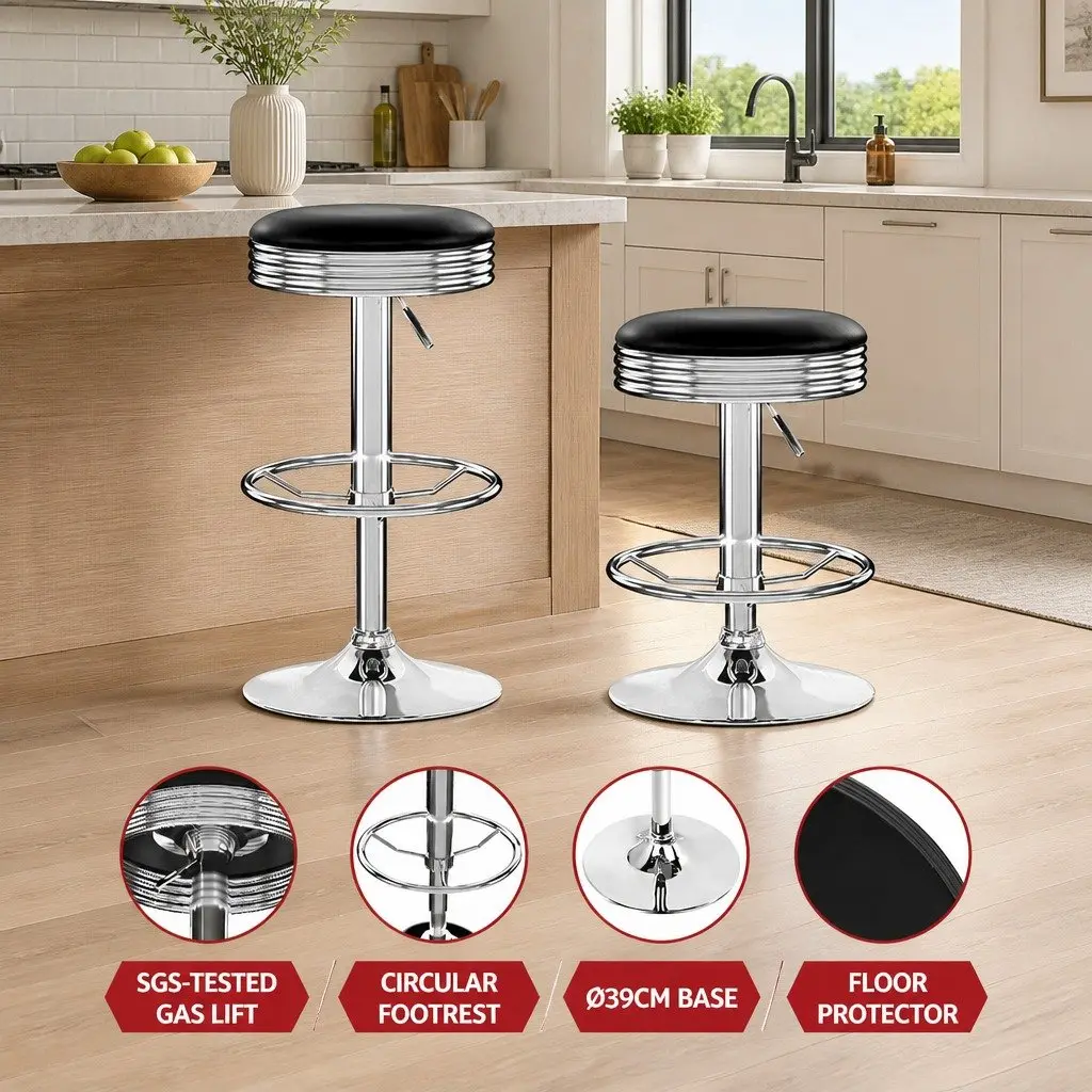 Bar Stools Set of 2 Backless Swivel Kitchen Seating Chrome Base Black PU Leather