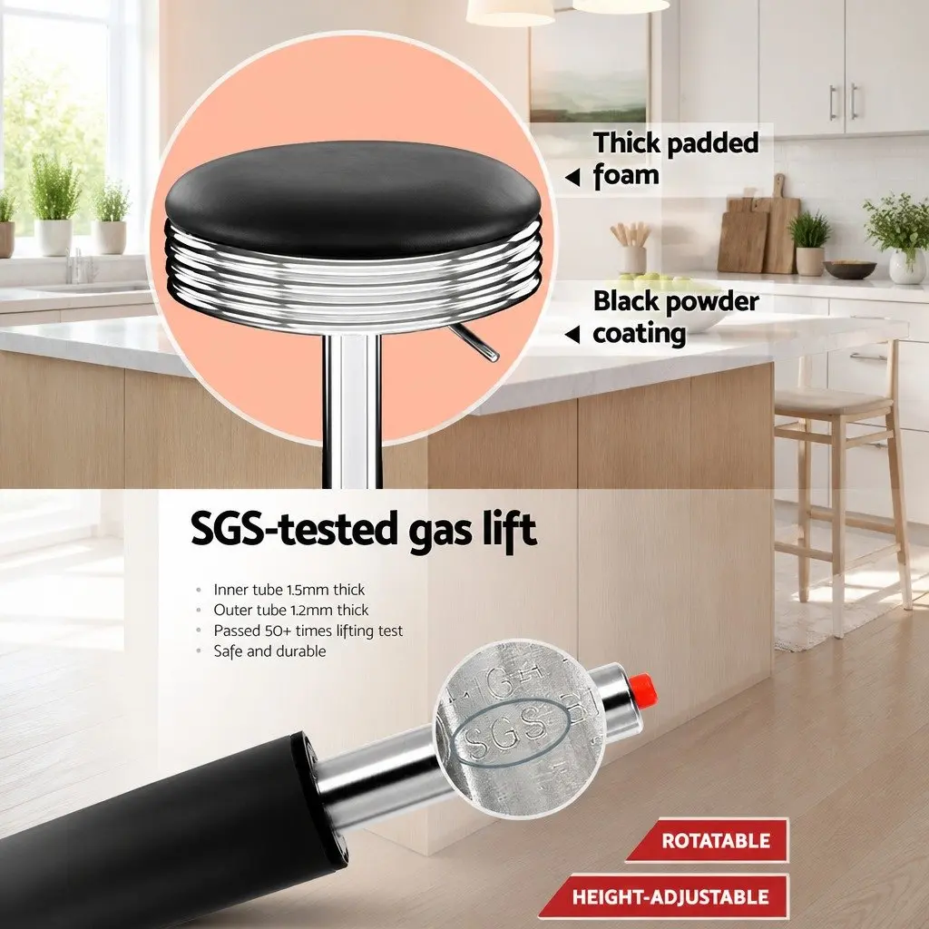 Bar Stools Set of 2 Backless Swivel Kitchen Seating Chrome Base Black PU Leather