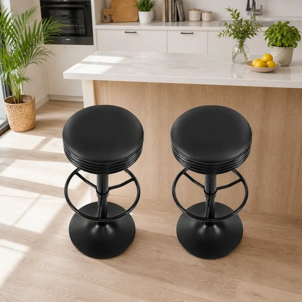Bar Stools Padded Seat Swivel Gas Lift Chrome Base Black Set of 2