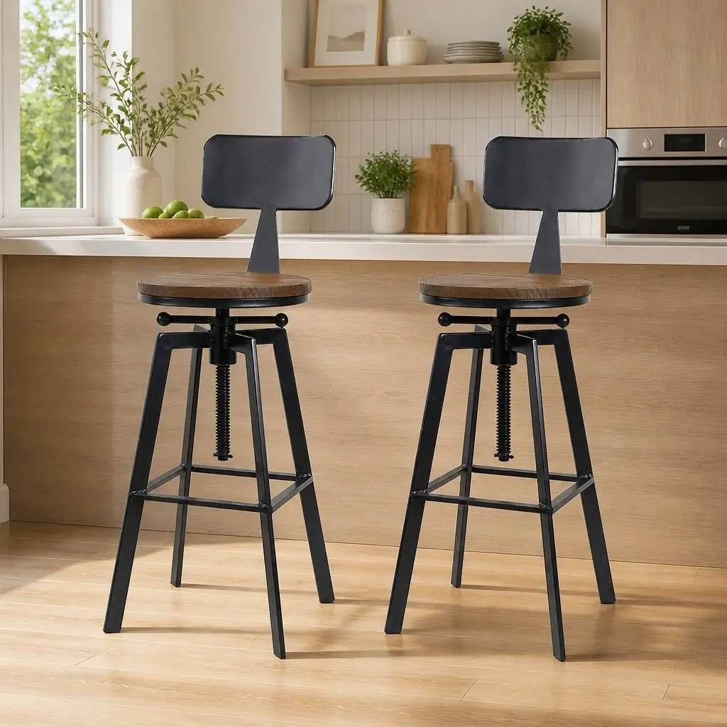 Bar Stools Kitchen Counter Chairs Black Metal Wood Seat Height Adjustable