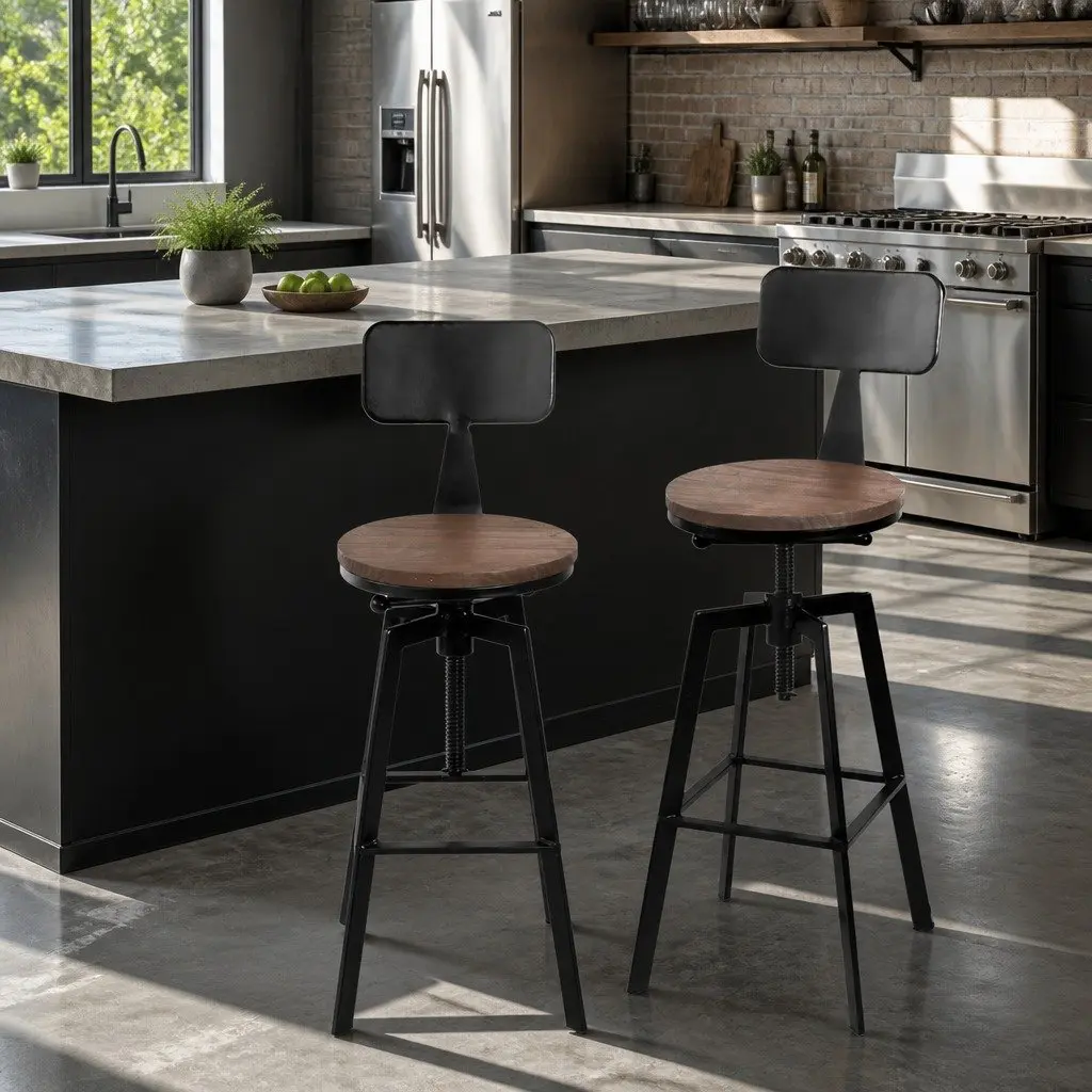 Bar Stools Adjustable Height Swivel Seat Set of 4 with Backrest Black