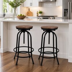 Bar Stools Adjustable Height Swivel Wooden Seat Black Frame Set of 2 Kitchen