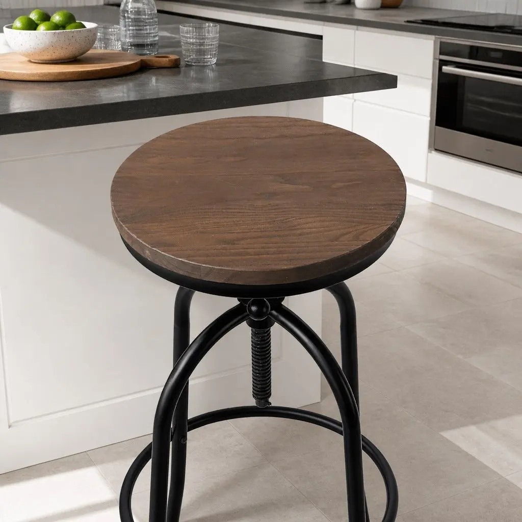 Bar Stools Adjustable Swivel Wooden Seat Kitchen Counter Height Black x1