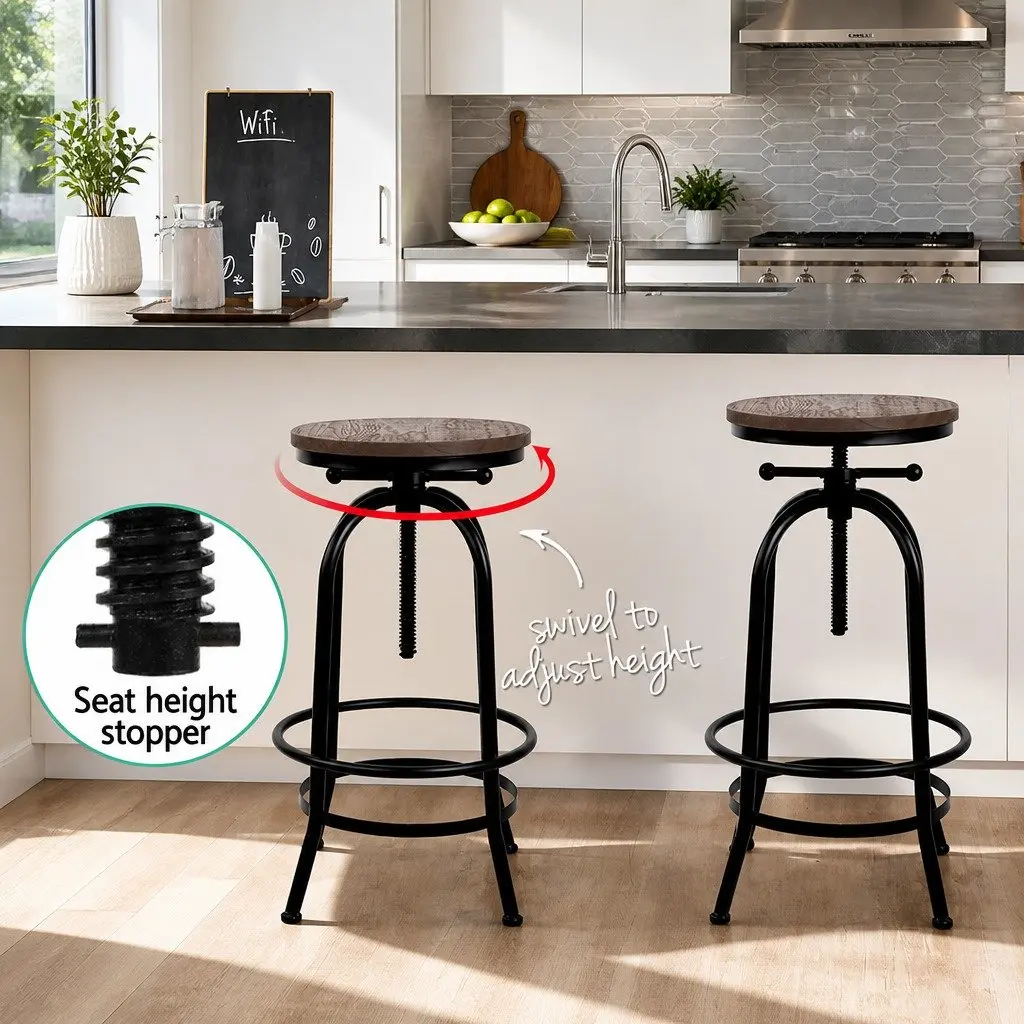 Bar Stools Adjustable Swivel Wooden Seat Kitchen Counter Height Black x1