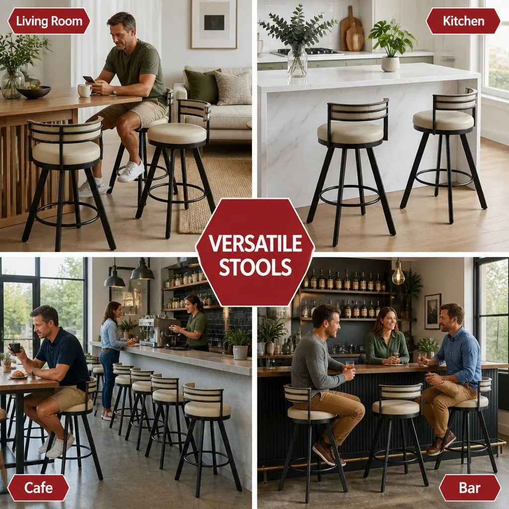 Bar Stools Swivel 360-Degree Beige Padded Seat Metal Frame 2 Piece