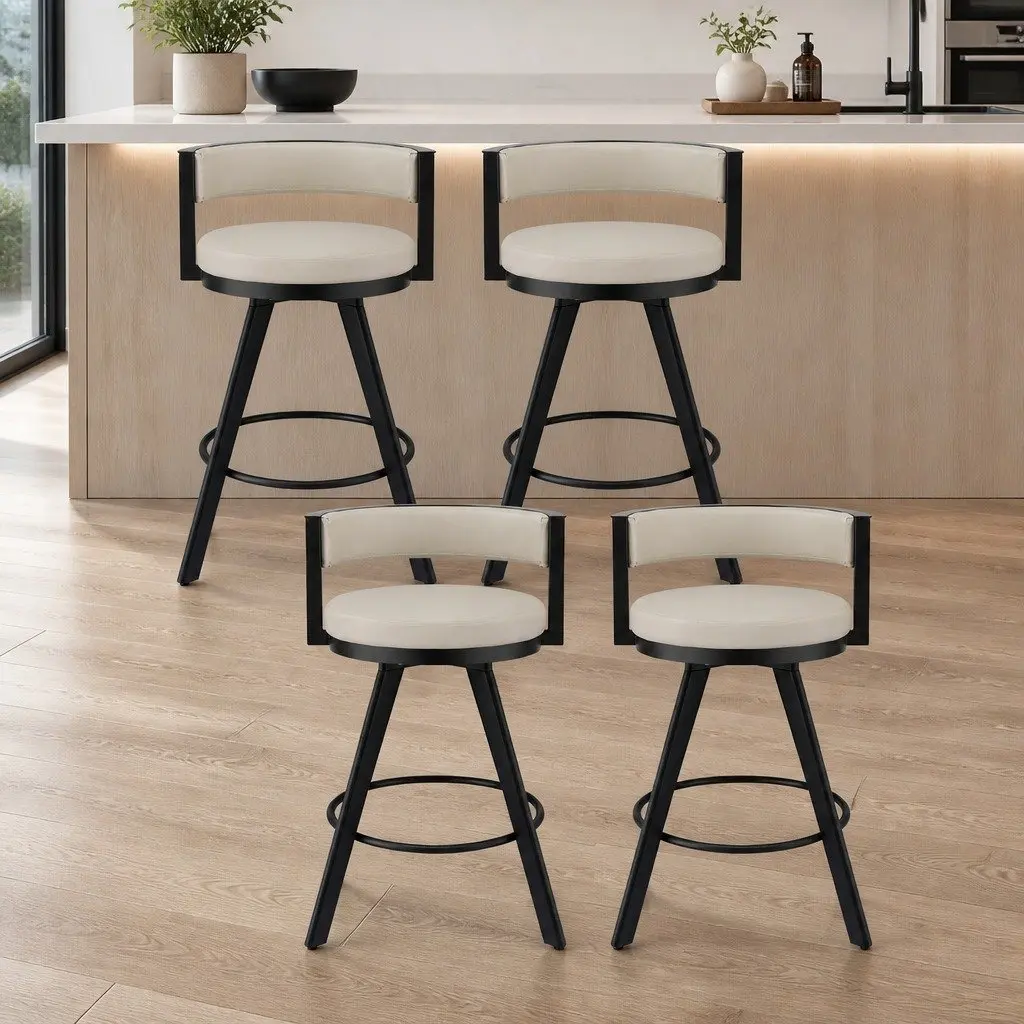 Bar Stools Set of 4 Swivel Kitchen Chair Metal Counter Beige PU Leather Padded