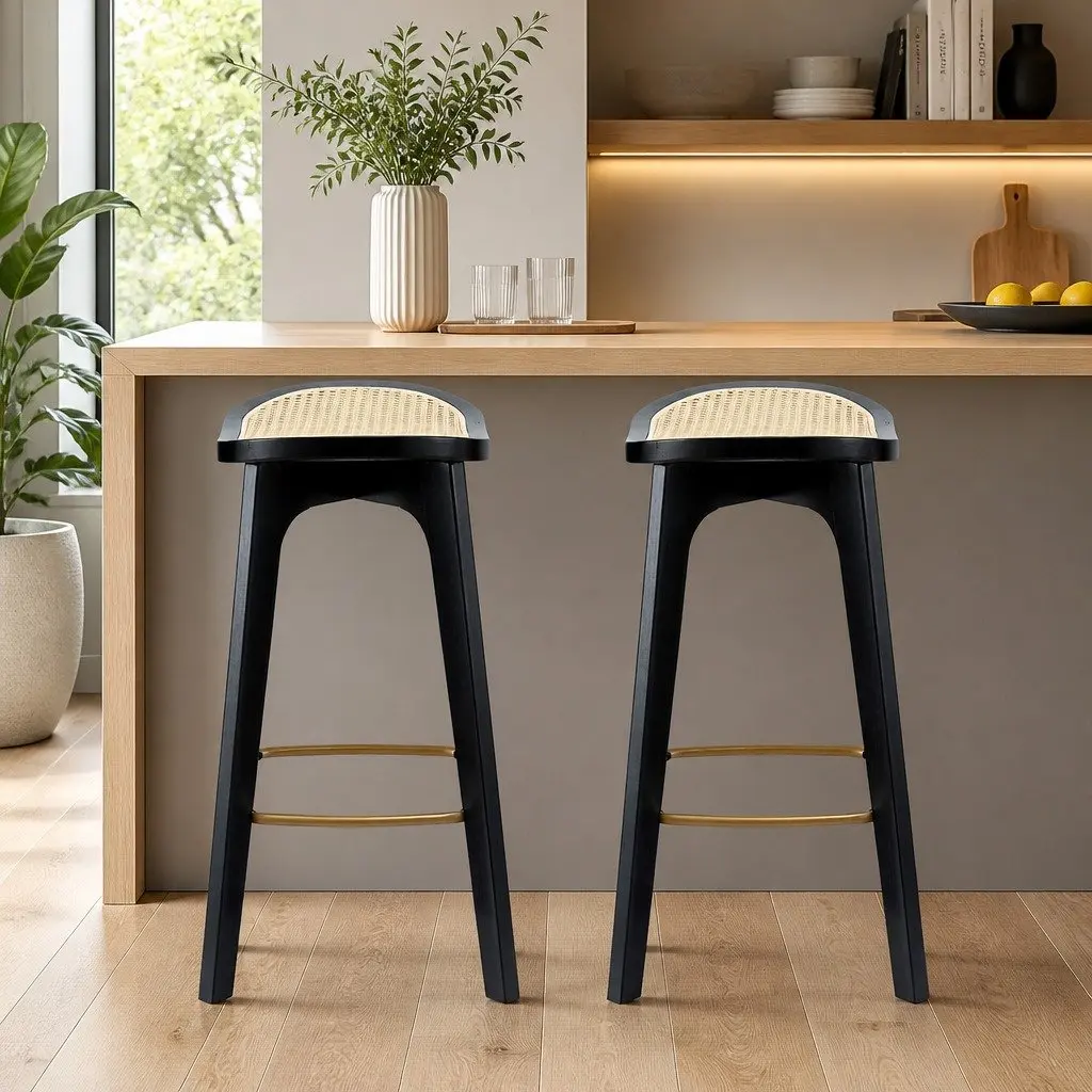 Bar Stools Backless Woven Rattan Seat Bamboo Frame 67cm Height Set of 2