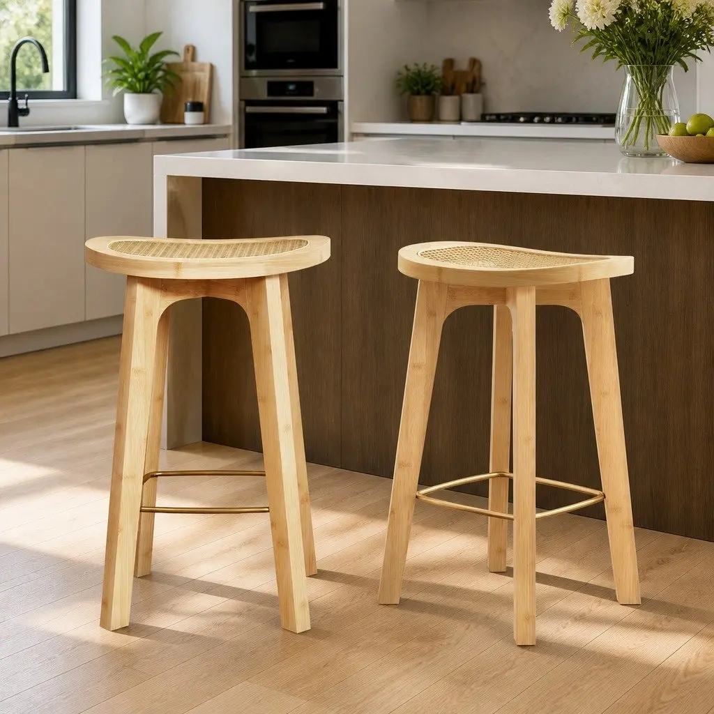 Rattan Seat Bar Stools Kitchen Counter Height Dining Chairs Oak Set of 2
